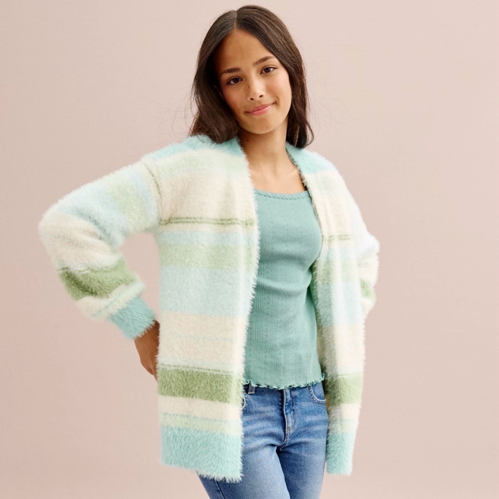 SO Juniors L 10/12 Eyelash Fuzzy Cardigan Open Front Blue Green White Cozy